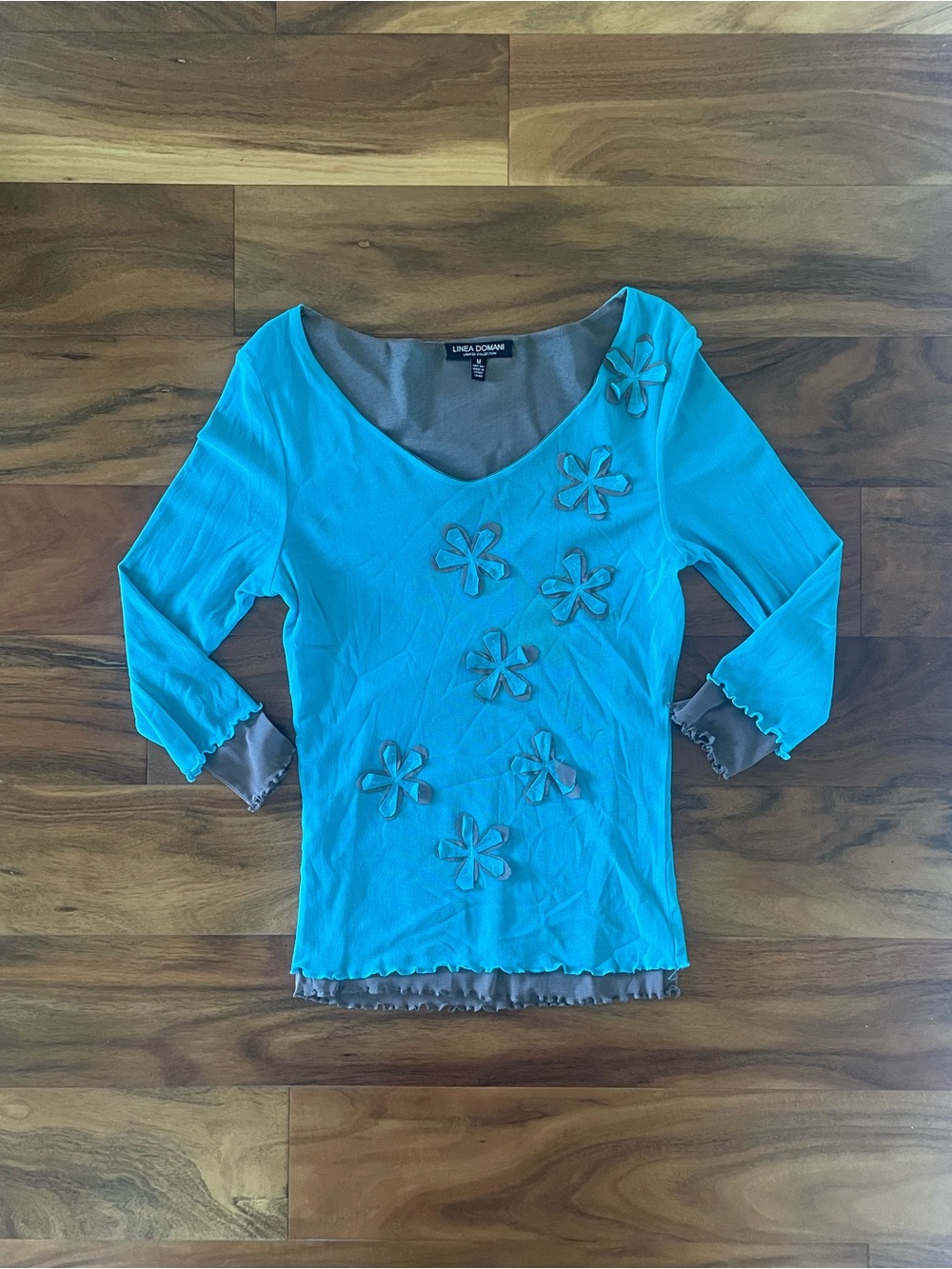 Bright Turquoise Floral Appliqué Layered Hem Top - Picture 2 of 7